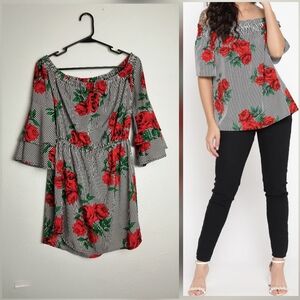 Blush Floral Striped Tunic Blouse Top Off Shoulder Size L